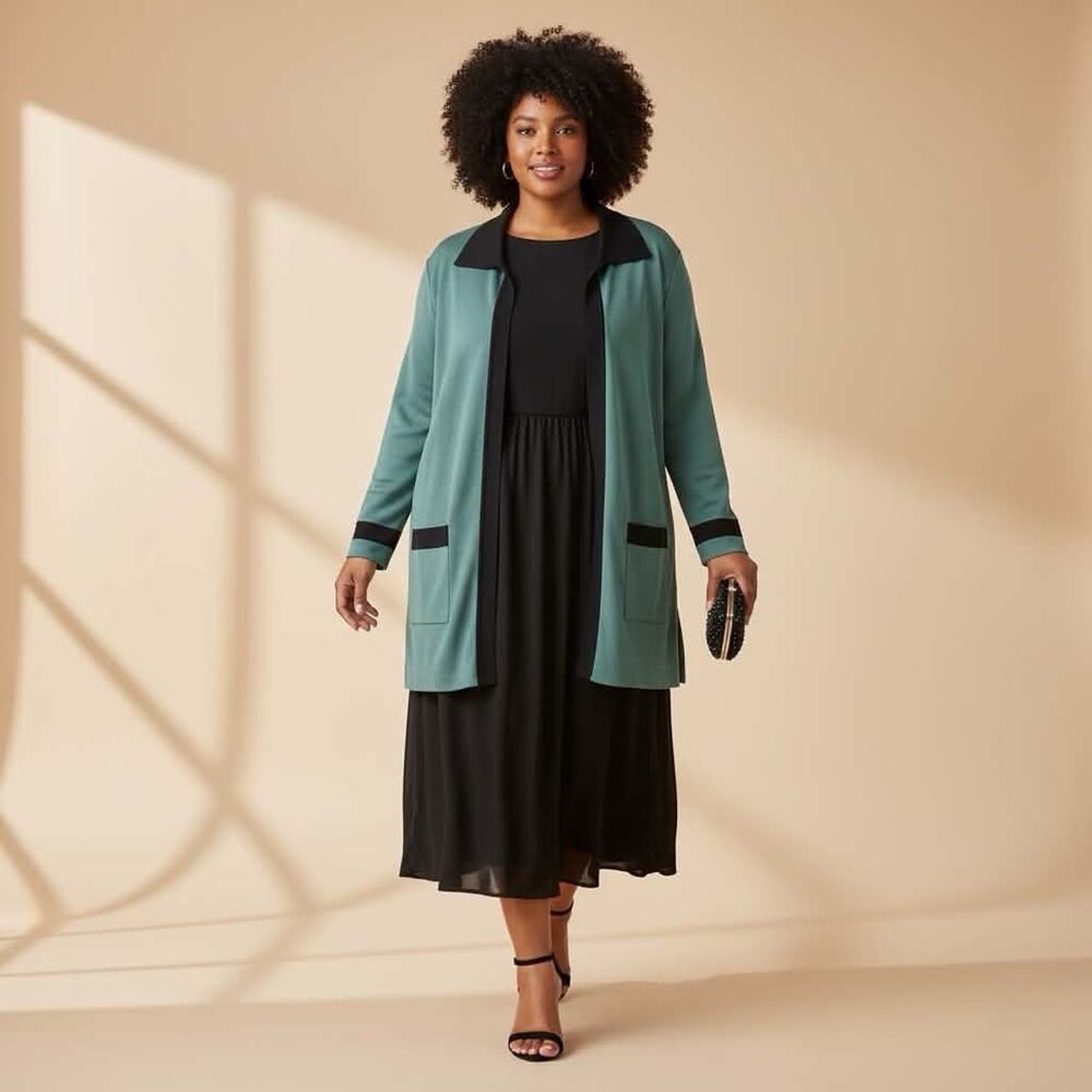 Exclusively Misook Cardigan Knit Women’s Plus Size 2X Teal Black Open Front